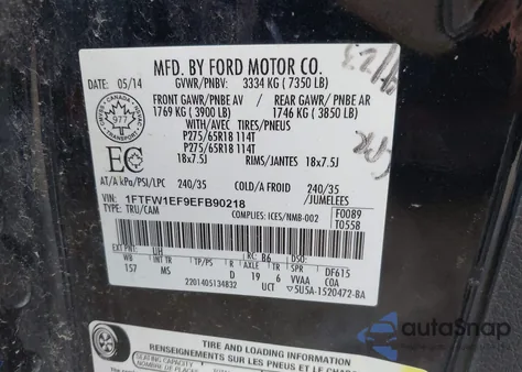 2014 Ford F150 Xlt z USA, uszkodzony, nr VIN 1FTFW1EF9EFB90218